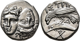 MOESIA. Istros. Circa 340/30-313 BC. Drachm (Silver, 17 mm, 5.06 g). Two facing male heads side by side, one upright and the other inverted. Rev. IΣTP...