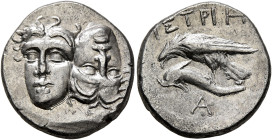 MOESIA. Istros. Circa 313-280 BC. Drachm (Silver, 18 mm, 4.21 g). Two facing male heads side by side, one upright and the other inverted. Rev. IΣTPIH ...