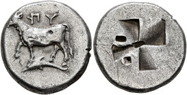 THRACE. Byzantion. Circa 340-320 BC. Siglos (Silver, 18 mm, 5.23 g), Persic standard. ΠY Bull standing left on dolphin left, right foreleg raised. Rev...