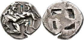 ISLANDS OFF THRACE, Thasos. Circa 500-480 BC. Stater (Silver, 23 mm, 9.00 g). Nude ithyphallic satyr, with long beard and long hair, moving right in '...