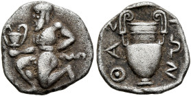 ISLANDS OFF THRACE, Thasos. Circa 412-404 BC. Trihemiobol (Silver, 11 mm, 0.71 g, 12 h). Bald satyr kneeling left, holding kantharos in his right hand...
