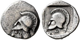 THRACO-MACEDONIAN TRIBES, Derrones (?). Circa 480-465 BC. Hemiobol (Silver, 7 mm, 0.23 g, 1 h). Head of Athena (?) to left, wearing crested Corinthian...