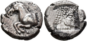THRACO-MACEDONIAN REGION. Uncertain. 5th century BC. Diobol (Silver, 12 mm, 1.88 g, 12 h). Forepart of a horse left. Rev. Bearded male head to right w...
