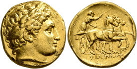 KINGS OF MACEDON. Philip II, 359-336 BC. Stater (Gold, 18 mm, 8.53 g, 4 h), Abydos, struck under Leonnatos, Arrhidaios, or Antigonos I Monophthalmos, ...