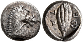THESSALY, Thessalian League. Circa 470s-460s BC. Obol (Silver, 9 mm, 0.99 g, 6 h). Head of a bridled horse to right. Rev. ΦΕ-TΑ Wheat grain; all withi...