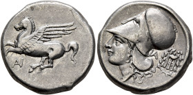 AKARNANIA. Anaktorion. Circa 350-300 BC. Stater (Silver, 20 mm, 8.42 g, 3 h). Pegasos flying left; below, monogram of AN. Rev. Head of Athena to left,...