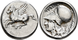 AKARNANIA. Anaktorion. Circa 320-280 BC. Stater (Silver, 21 mm, 8.55 g, 11 h). Pegasos flying left; below, monogram of AN. Rev. ΛΥΣΙ Head of Athena to...