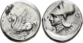 AKARNANIA. Thyrrheion. Circa 320-280 BC. Stater (Silver, 23 mm, 8.25 g, 3 h). [Θ] Pegasos flying left. Rev. [Θ-Y] Head of Athena to left, wearing Cori...