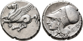 AKARNANIA. Thyrrheion. Circa 320-280 BC. Stater (Silver, 21 mm, 8.53 g, 4 h). Θ Pegasos flying left. Rev. Head of Athena to left, wearing Corinthian h...