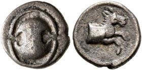 BOEOTIA. Tanagra. Early-mid 4th century BC. Obol (Silver, 10 mm, 0.82 g). Boeotian shield. Rev. Forepart of a horse to right. BCD Boeotia 266. SNG Cop...