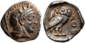 ATTICA. Athens. Circa 465/2-454 BC. Obol (Silver, 9 mm, 0.65 g, 3 h). Head of Athena to right, wearing crested Attic helmet decorated with three olive...