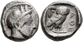 ATTICA. Athens. Circa 430s-420s BC. Drachm (Silver, 15 mm, 4.13 g, 11 h). Head of Athena to right, wearing crested Attic helmet decorated with three o...