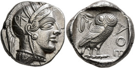 ATTICA. Athens. Circa 430s-420s BC. Tetradrachm (Silver, 24 mm, 17.20 g, 1 h). Head of Athena to right, wearing crested Attic helmet decorated with th...