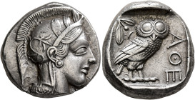 ATTICA. Athens. Circa 430s-420s BC. Tetradrachm (Silver, 24 mm, 17.18 g, 3 h). Head of Athena to right, wearing crested Attic helmet decorated with th...