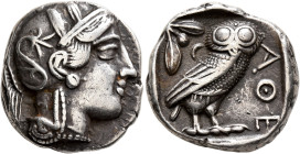 ATTICA. Athens. Circa 420s-404 BC. Tetradrachm (Silver, 24 mm, 16.86 g, 8 h). Head of Athena to right, wearing crested Attic helmet decorated with thr...