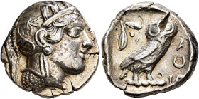 ATTICA. Athens. Circa 420s-404 BC. Tetradrachm (Silver, 25 mm, 17.11 g, 9 h). Head of Athena to right, wearing crested Attic helmet decorated with thr...