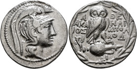 ATTICA. Athens. Circa 165-42 BC. Tetradrachm (Silver, 31 mm, 16.52 g, 12 h), Achaios, Heli... and Apollodo..., magistrates, 128-127. Head of Athena Pa...