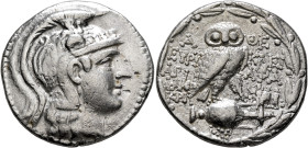 ATTICA. Athens. Circa 165-42 BC. Tetradrachm (Silver, 29 mm, 16.63 g, 12 h), Euryklei..., Ariara..., and Phanokri..., magistrates, 122-121. Head of At...