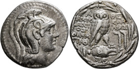 ATTICA. Athens. Circa 165-42 BC. Tetradrachm (Silver, 29 mm, 16.71 g, 12 h), Ammonios, Kallias and Olympio(s)..., magistrates, 118/7. Head of Athena P...