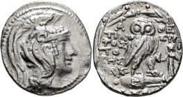 ATTICA. Athens. Circa 165-42 BC. Tetradrachm (Silver, 31 mm, 16.74 g, 12 h), Timostratos, Poses and Dam... (?), magistrates, 102/1. Head of Athena Par...