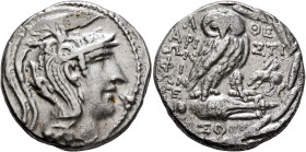 ATTICA. Athens. Circa 165-42 BC. Tetradrachm (Silver, 28 mm, 17.63 g, 12 h), Aristion, Philon and Hegeas, magistrates, 97/6. Head of Athena Parthenos ...