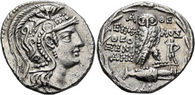 ATTICA. Athens. Circa 165-42 BC. Tetradrachm (Silver, 29 mm, 15.72 g, 11 h), Eumelos and Theoxenides, magistrates, 75/4. Head of Athena Parthenos to r...