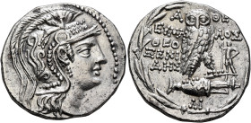 ATTICA. Athens. Circa 165-42 BC. Tetradrachm (Silver, 30 mm, 16.13 g, 11 h), Eumelos and Theoxenides, magistrates, 75/4. Head of Athena Parthenos to r...