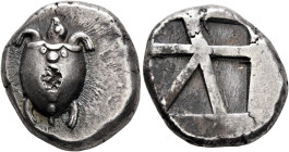 ISLANDS OFF ATTICA, Aegina. Circa 480-457 BC. Stater (Silver, 21 mm, 12.39 g). Sea turtle seen from above, head in profile, with thick collar and row ...