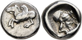 CORINTHIA. Corinth. Circa 500-450 BC. Stater (Silver, 18 mm, 8.38 g, 10 h). Bridled Pegasos, with curved wing, flying left; below, Ϙ. Rev. Head of Ath...