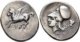 CORINTHIA. Corinth. Circa 375-300 BC. Stater (Silver, 25 mm, 8.38 g, 2 h). Ϙ Pegasos flying left. Rev. Head of Athena to left, wearing Corinthian helm...