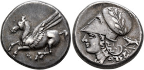 CORINTHIA. Corinth. Circa 375-300 BC. Stater (Silver, 21 mm, 8.53 g, 3 h). Ϙ Pegasos flying left. Rev. Head of Athena to left, wearing laureate Corint...