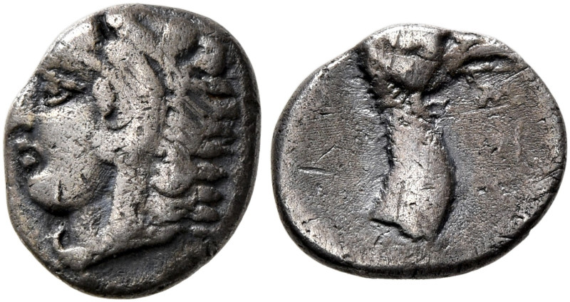 ARKADIA. Stymphalos. Circa 370-350 BC. Obol (Silver, 10 mm, 0.81 g, 3 h). Head o...