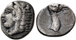 ARKADIA. Stymphalos. Circa 370-350 BC. Obol (Silver, 10 mm, 0.81 g, 3 h). Head of youthful Herakles to left, wearing lion skin headdress. Rev. Σ[ΤΥΜ-Φ...