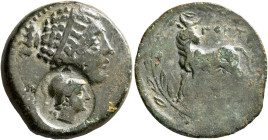 CRETE. Gortyna. Circa 245-221 BC. AE (Bronze, 25 mm, 8.49 g, 1 h). Diademed bust of Artemis to right, bow and quiver over her shoulder; on neck, count...