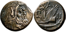 CIMMERIAN BOSPOROS. Pantikapaion. Circa 310-304/3 BC. AE (Bronze, 22 mm, 7.29 g, 12 h). Bearded head of a Satyr to right. Rev. Π-A-N Forepart of a gri...