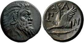 CIMMERIAN BOSPOROS. Pantikapaion. Circa 310-304/3 BC. AE (Bronze, 21 mm, 7.26 g, 11 h). Bearded head of a Satyr to right. Rev. Π-A-N Forepart of a gri...