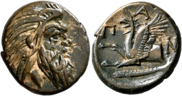 CIMMERIAN BOSPOROS. Pantikapaion. Circa 310-304/3 BC. AE (Bronze, 22 mm, 7.35 g, 6 h). Bearded head of a Satyr to right. Rev. Π-A-N Forepart of griffi...