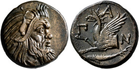 CIMMERIAN BOSPOROS. Pantikapaion. Circa 310-304/3 BC. AE (Bronze, 22 mm, 6.57 g, 12 h). Bearded head of a Satyr to right. Rev. Π-A-N Forepart of griff...