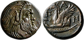 CIMMERIAN BOSPOROS. Pantikapaion. Circa 310-304/3 BC. AE (Bronze, 20 mm, 7.69 g, 12 h). Bearded head of a Satyr to right. Rev. Π-A-N Forepart of griff...