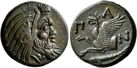 CIMMERIAN BOSPOROS. Pantikapaion. Circa 310-304/3 BC. AE (Bronze, 21 mm, 6.91 g, 12 h). Bearded head of a Satyr to right. Rev. Π-A-N Forepart of a gri...