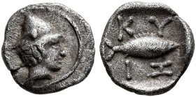 MYSIA. Kyzikos. Circa 525-475 BC. Tetartemorion (Silver, 7 mm, 0.22 g, 2 h). Head of Hermes to right, wearing winged pilos. Rev. KY-ΖI Tunny to right;...