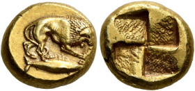 MYSIA. Kyzikos. Circa 450-330 BC. Hekte (Electrum, 11 mm, 2.69 g). Lion to right, gnawing on a curved sword; below, tunny to right. Rev. Quadripartite...