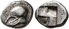 TROAS. Neandria. Late 6th to early 5th century BC. Obol (Silver, 9 mm, 0.71 g). Corinthian helmet to left. Rev. Quadripartite incuse square. SNG Arıka...