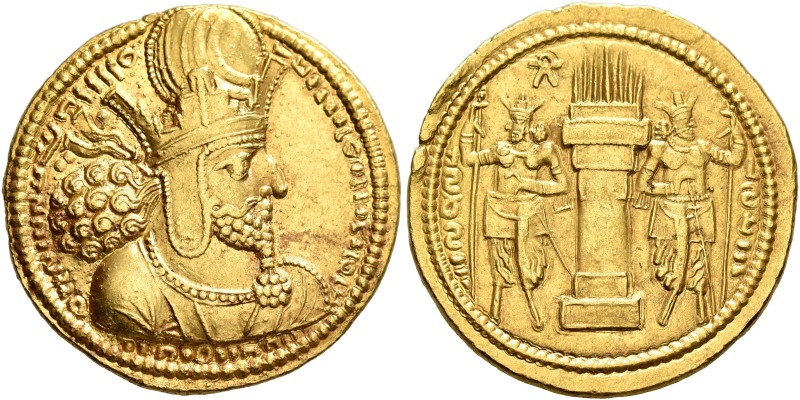 SASANIAN KINGS. Shapur I, 240-272. Dinar (Gold, 22 mm, 7.43 g, 3 h), mint I (‘Kt...