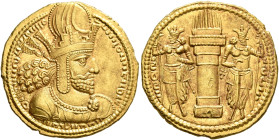 SASANIAN KINGS. Shapur I, 240-272. Dinar (Gold, 21 mm, 7.37 g, 3 h), mint I (‘Ktesiphon’). Diademed and draped bust of Shapur I to right, wearing mura...