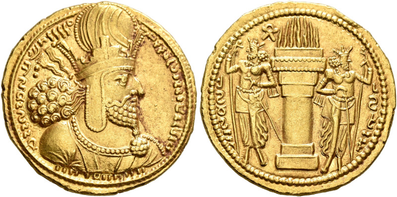 SASANIAN KINGS. Shapur I, 240-272. Dinar (Gold, 22 mm, 7.48 g, 3 h), mint I (‘Kt...