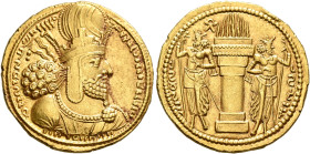 SASANIAN KINGS. Shapur I, 240-272. Dinar (Gold, 22 mm, 7.48 g, 3 h), mint I (‘Ktesiphon’). Diademed and draped bust of Shapur I to right, wearing mura...