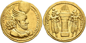 SASANIAN KINGS. Bahram II, 276-293. Dinar (Gold, 22 mm, 7.45 g, 3 h), Herat (?). Diademed and draped bust of Bahram II to right, wearing winged crown ...