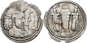 SASANIAN KINGS. Bahram II, with Queen and Prince 4, 276-293. Drachm (Silver, 28 mm, 4.07 g, 3 h), ‘Ktesiphon’ mint. Jugate busts of Bahram II and his ...