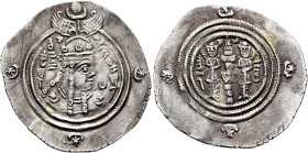 SASANIAN KINGS. Boran, 630-631. Drachm (Silver, 32 mm, 3.92 g, 3 h), WYHC (Weh-az-Amid-Kawād), RY 1 = AD 630. Draped bust of Queen Boran to right, wea...